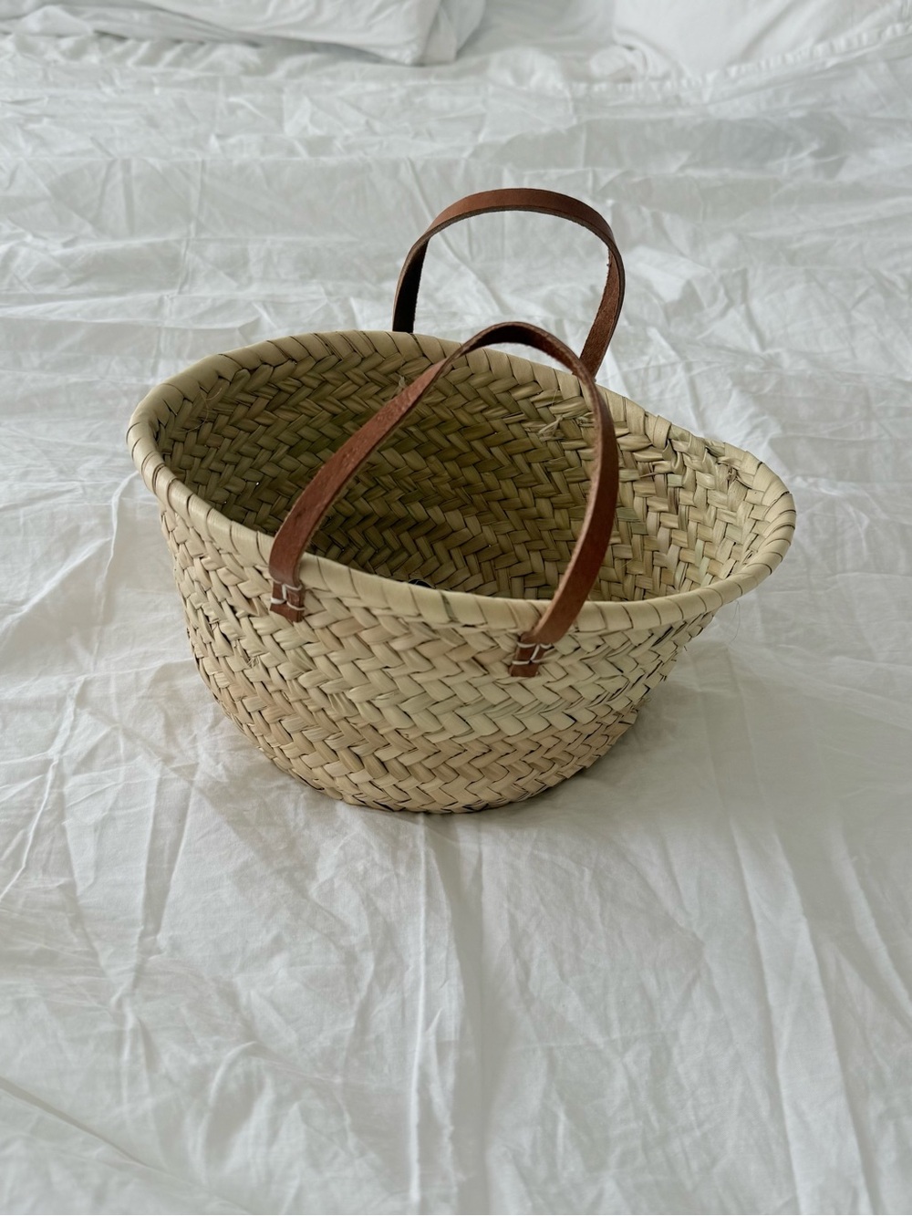 Woven Straw Mini Tote Basket with Brown Leather Handles